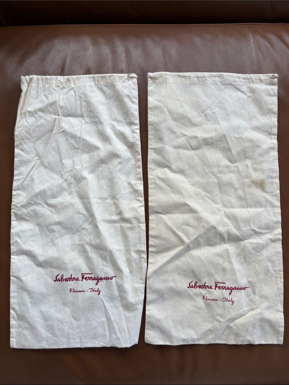 Salvatore Ferragamo Ivory Drawstring Dust Bags with Burgundy Logo - bundle of 2